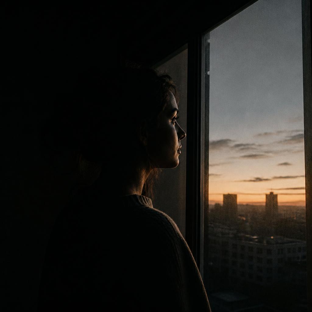 A person looking out of a window at dawn