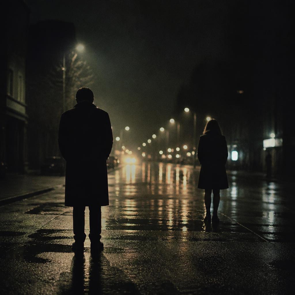 Two figures standing apart on a rainy street at night