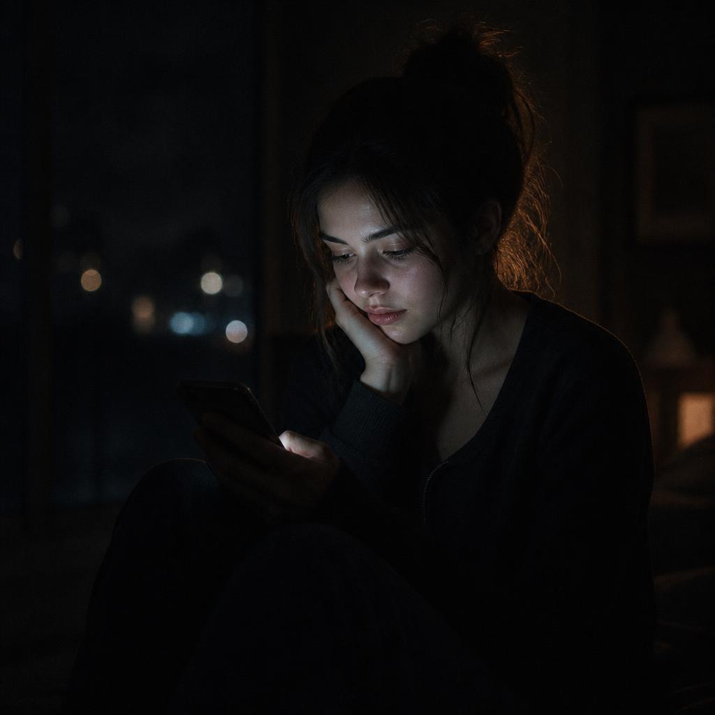 A woman sitting alone at night, softly lit by her phone screen